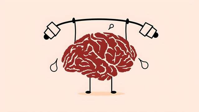 Cartoon illustration of a human brain lifting a heavy barbell while sweating, concept of brain workout, mental stress, cognitive training, psychological pressure, and intellectual effort