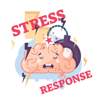 Human stress response system conceptual illustration brain character with lightning bolts, explosive bomb and frustrated facial emotion, transparent background.