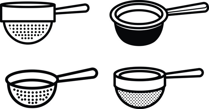 Four black and white illustrations of kitchen strainers and sieves with handles