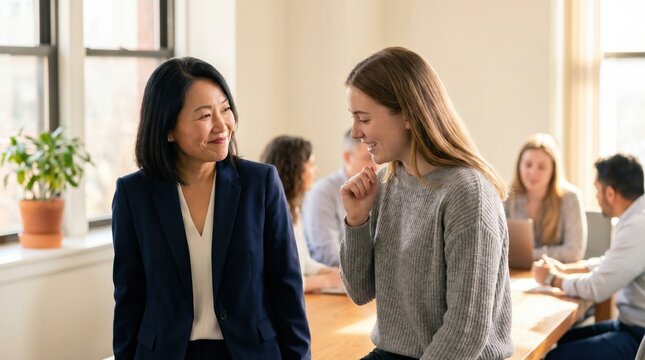 Candid conversation between two coworkers in bright office lounge, smiling and sharing light moment while colleagues collaborate at table nearby