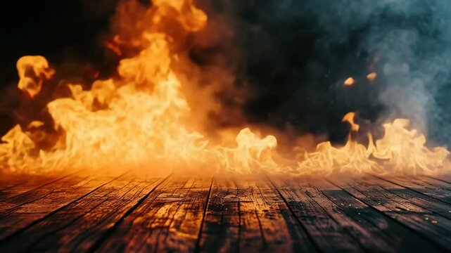 Intense fire engulfs wooden floor with dramatic smoke and embers rising