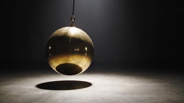 Shiny golden sphere hanging in dark spotlighted room