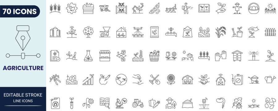 Agriculture icon set in outline style. Collection of agriculture, farming, plant, tractor, harvest, and nature icons. Editable stroke. Vector icon collection.