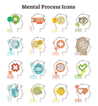 Mental process icons illustration, transparent background. Cross section man with mind in idea, progress, saving, earning, rethinking, brainstorming, love, timing, working.