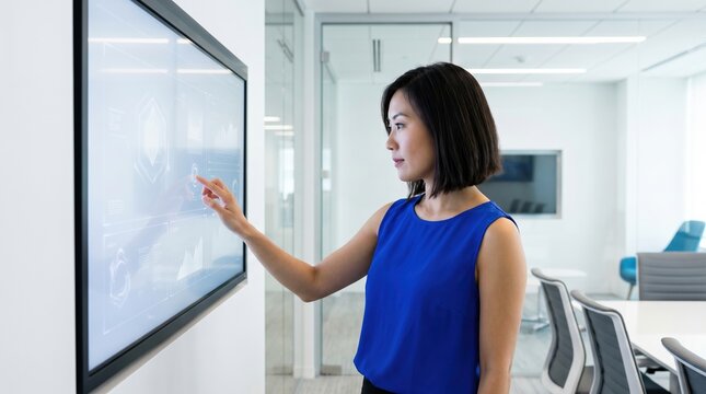 Asian businesswoman in blue blouse interacting with large touchscreen display in modern glass office, focused on data visualization and presentation with conference chairs visible