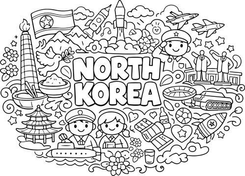 north korea cartoon outline hand drawn Line Art illustration doodle art coloring page for kids