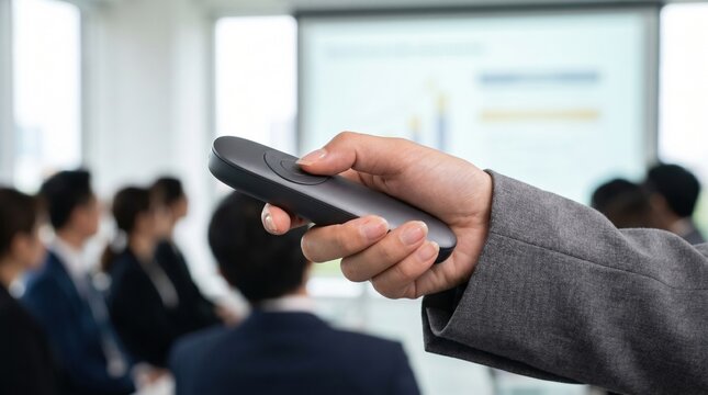 Hand holding wireless presenter remote during business presentation with blurred audience and projection screen in background conveying confidence and engagement