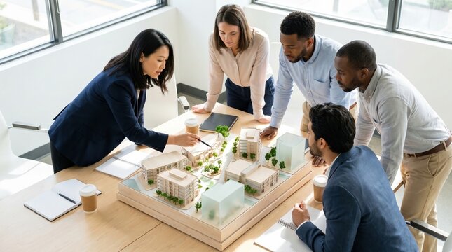 Architectural team reviewing scale urban model around table, discussing building layout and landscaping with focused collaboration and planning