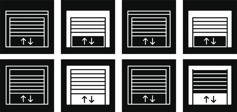 Automatic Garage Door and Warehouse Shutter Icon Set with Up and Down Roller Gate Directional Symbols for Industrial Building Vectors