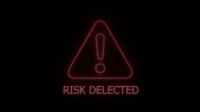 Red neon glowing warning triangle symbol with an exclamation mark inside and the text RISKDELECTED illuminated in red neon letters against a completely black background, conveying a