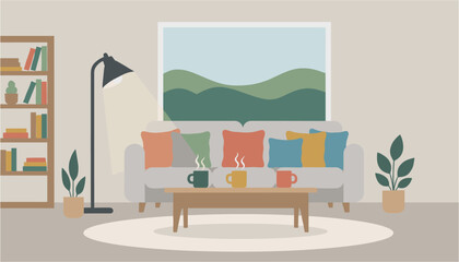 Cozy living room with sofa coffee table and bookshelves during warm daylight © ABULSTOCK