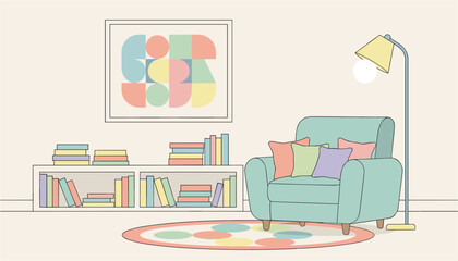 Cozy armchair with colorful pillows in a minimalist living room with bookshelves and a floor lamp © ABULSTOCK