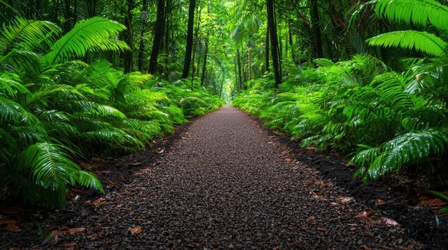 jungle rainforest Pathways Trail Serene jungle trail bordered by lush foliage, leading deeper into the dense rainforest.