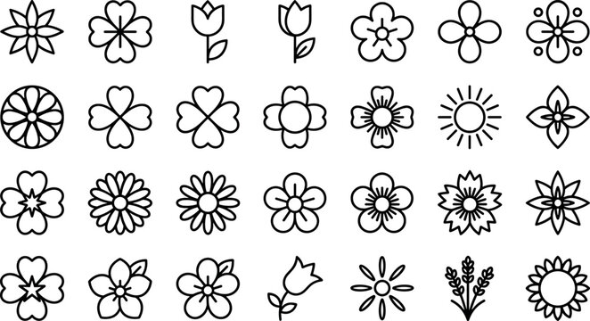 PrintMinimalist Flower Line Icon Set Featuring Beautiful Floral Elements, Botanical Symbols, and Rose Outlines for Elegant Patterns and Graphic Designs