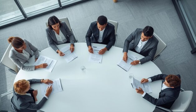 Top view of diverse business team in meeting around circular table with from above business collaboration corporate professional employees diversity documents strategy planning discussion