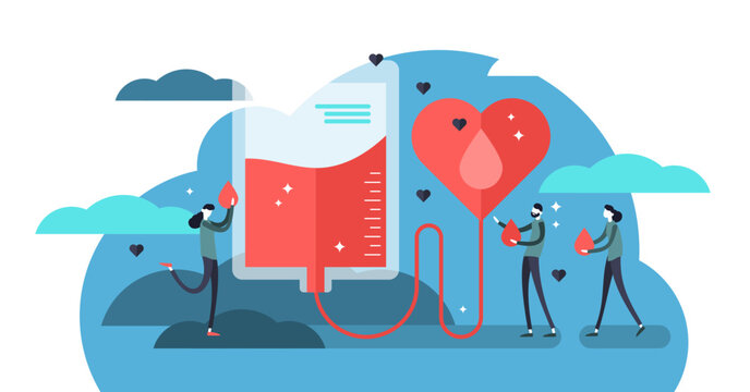 Blood donation illustration, transparent background. Flat mini persons concept for emergency donor aid, transfusion charity and patient support. Pharmacy equipment and collection.