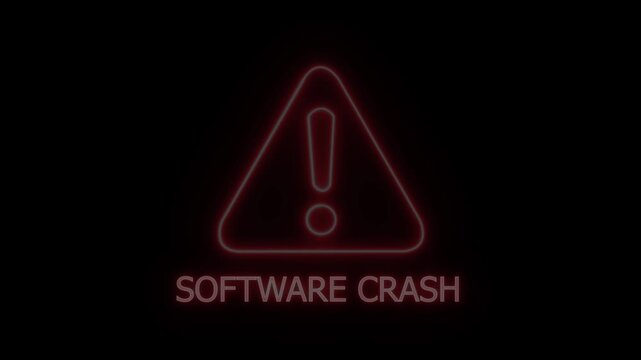 A luminous red neon exclamation mark within a triangular hazard symbol, with the text SOFTWARECRASH displayed in bold red neon lettering against a completely black background