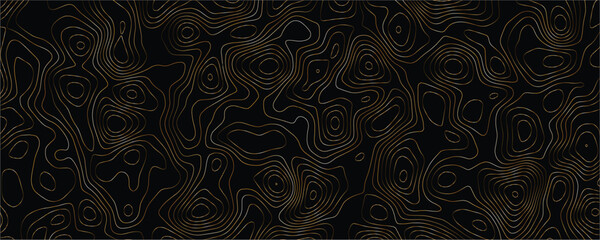 Topographic map pattern with thin bronze wavy contour lines on a solid black background representing geographical elevation data or fluid organic shapes in a repeating abstract texture © VxGFX