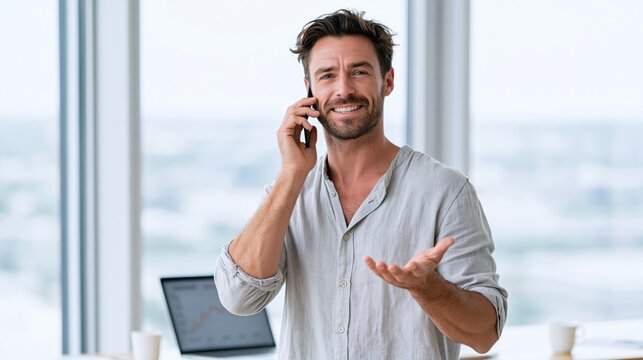 Smiling man talking on smartphone in modern office. Happy professional male standing by laptop, gesturing while calling at work.