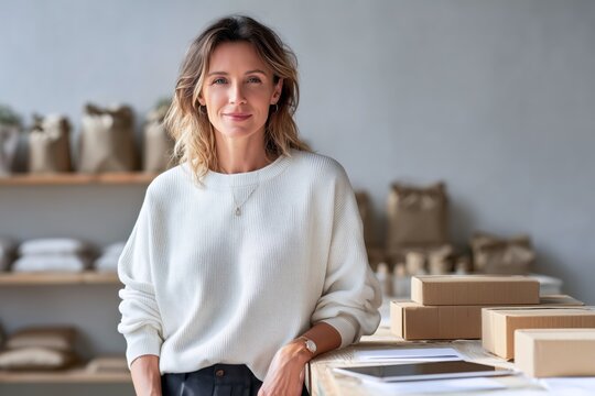 Smiling mature woman entrepreneur standing in creative studio. Confident female business owner in modern workshop with boxes, looking at camera