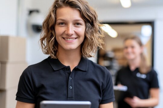 Smiling young female warehouse worker standing with tablet in distribution center. Happy logistics employee in uniform at fulfillment warehouse, looking at camera