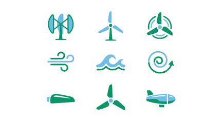 Set of icons representing wind energy and air travel, including wind turbines, air currents, waves, and a blimp. © Temenan