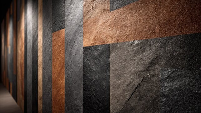 Textured natural stone cladding forms an elegant and dramatic interior wall covering in a corridor.