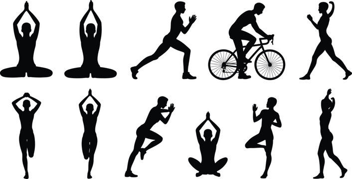 Healthy Lifestyle Fitness Silhouette Icon Set Featuring Men and Women Practicing Yoga Meditation Tree Pose Cycling Walking and Stretching Vector Illustration