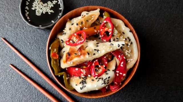 Gyoza, Chinese or Japanese meat dumplings, is an Asian food with hot peppers and spices. Gyoza with meat as a food background for your design