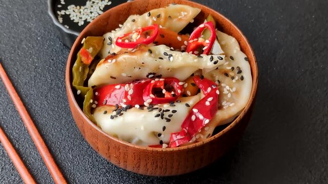 Gyoza, Chinese or Japanese meat dumplings, is an Asian food with hot peppers and spices. Gyoza with meat as a food background for your design
