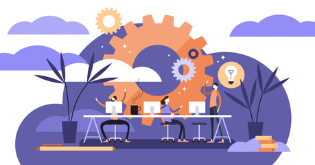 Fototapeta na wymiar Coworking illustration, transparent background. Stylized banner with people sharing office. Self directed, collaborative, flexible and voluntary work style for hipsters and freelancers.