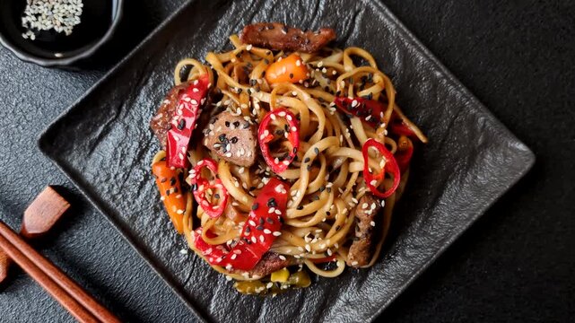 Food, Chinese or Japanese noodles with meat, vegetables, and spices. Noodles with beef or chicken as a food background for your design