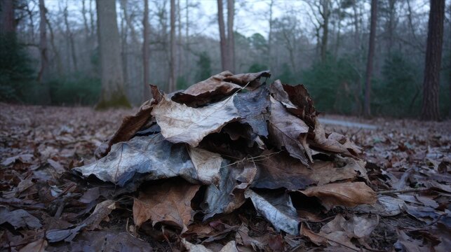 A large pile of dry brittle leaves and desiccated plant debris on the forest floor