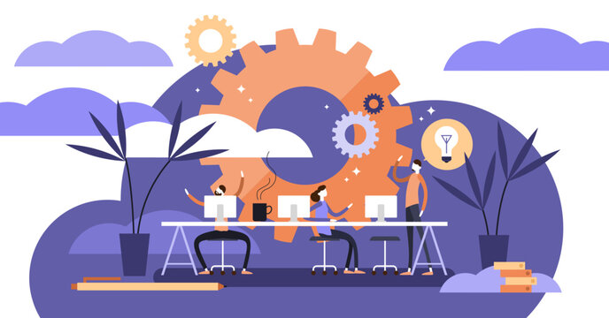 Coworking illustration, transparent background. Stylized banner with people sharing office. Self directed, collaborative, flexible and voluntary work style for hipsters and freelancers.