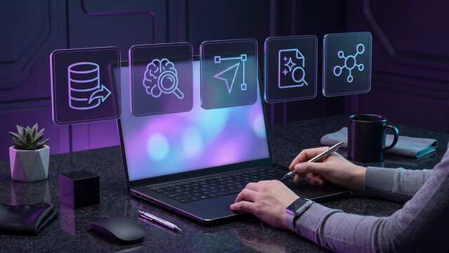 Data scientist using laptop with purple holographic AI database icons, futuristic technology background for machine learning search, vector design automation and connected analytics
