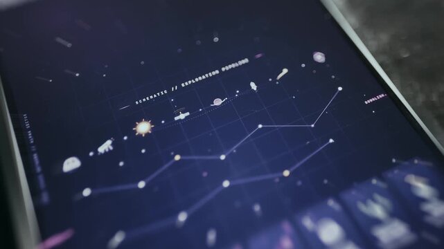 Minimalist icons representing celestial bodies and technological nodes