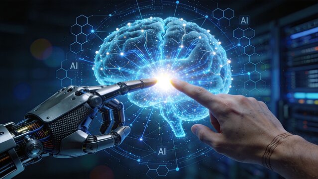 Artificial intelligence concept showing human hand touching robot finger with glowing brain network symbolizing future technology innovation machine learning and digital