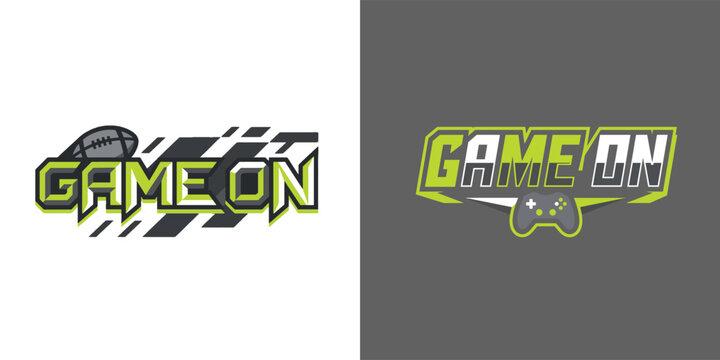 Game on esports gaming logo set with green neon glow controller icon and american football element for digital athletic.