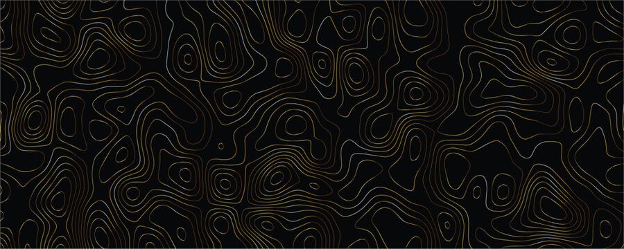 Gold topographic contour lines forming an abstract landscape map pattern on a solid black background with flowing organic shapes and concentric circular formations
