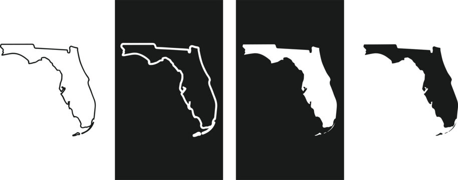 Florida State Map Outline Icon Set with United States Regional Borders in Solid Black and White Vector Graphic Variations