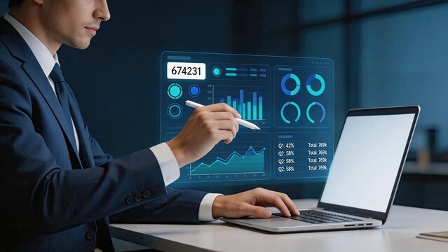 Corporate manager reviewing sales performance metrics on holographic dashboard, business analytics and data visualization concept for strategic planning and quarterly report