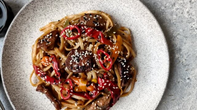 Food, Chinese or Japanese noodles with meat, vegetables, and spices. Noodles with beef or chicken as a food background for your design