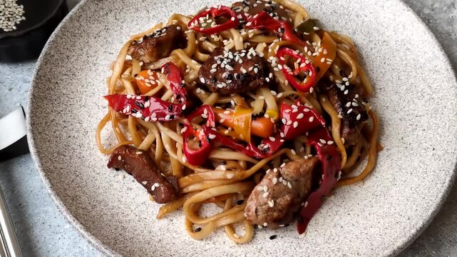 Food, Chinese or Japanese noodles with meat, vegetables, and spices. Noodles with beef or chicken as a food background for your design