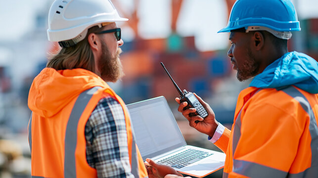Rear view of a diverse port engineering team using a laptop and radio to coordinate cargo ship operations, shipyard logistics concept, port team collaboration photography, supply