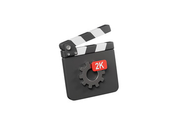 Fototapeta premium 3d 2K movie clapperboard icon. video resolution settings concept. black film slate with gear and red 2K label. isolated on white transparent background. 3d render.