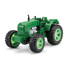 Obraz premium Green farm tractor with large black wheels and bright green rims, isolated on white background.