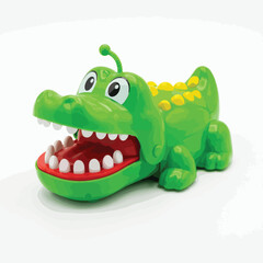 Fototapeta premium Green crocodile toy isolated on white background, playful amphibian character with open mouth.