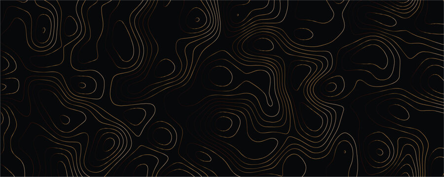 Topographic map contour lines in gold on a black background representing elevation and terrain patterns for geographical navigation and cartography