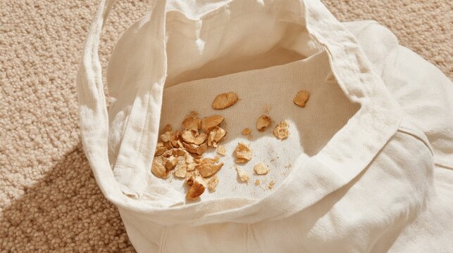 Empty beige fabric grocery bag with scattered food crumbs inside