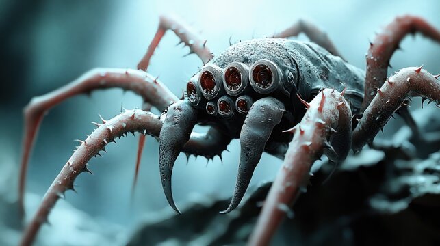 Close up of a creepy spider with multiple eyes and sharp fangs.